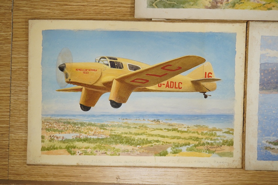 Charles Thomas Howard (1865-1942), three original watercolours for postcards, Vintage Aircraft comprising De Havilland Comet, Miles Sultan and Imperial Airways Hannibal, two signed, 21 x 32cm, unframed. Condition - fair